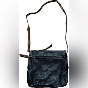 Fossil Black Pebbled Leather Crossbody with Brown Strap Accents